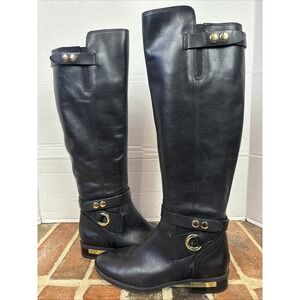Vince Camuto Pearley Tall Black Riding Boots Gold Buckle Kneehigh Zip Sz 6.5 M